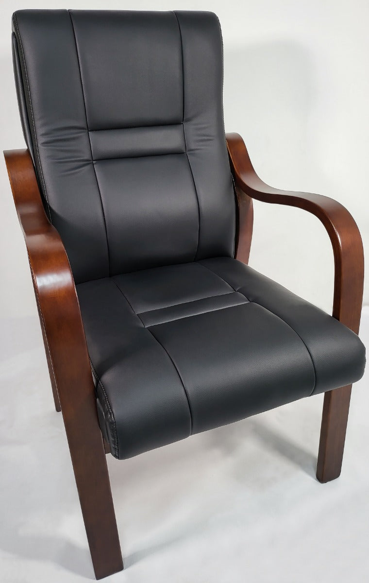 Black Leather Meeting Chair with Walnut Veneered Arms - C48